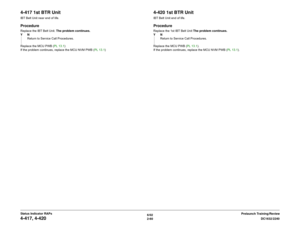 Page 906/02
2-60DC1632/2240
4-417, 4-420
Prelaunch Training/Review Status Indicator RAPs
4-417 1st BTR UnitIBT Belt Unit near end of life.ProcedureReplace the IBT Belt Unit. The problem continues.
YN
Return to Service Call Procedures.
Replace the MCU PWB (PL 13.1)
If the problem continues, replace the MCU NVM PWB (PL 13.1)
4-420 1st BTR UnitIBT Belt Unit end of life.ProcedureReplace the 1st IBT Belt Unit The problem continues.
YN
Return to Service Call Procedures.
Replace the MCU PWB (PL 13.1).
If the problem...