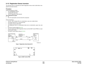 Page 996/02
2-69 DC1632/2240
5-113
Status Indicator RAPs Prelaunch Training/Review
5-113  Registration Sensor InversionThe document does not deactuate the DADF Registration Sensor after the Belt Motor ener-
gized for document inversion.ProcedureCheck the following in dC330.
ï  [5-110] Registration Sensor 
ï  [5-056] DADF Belt Motor 
ï  [5-075]  Registration Gate Solenoid 
The components are good.
YN
Go to the appropriate circuit and check the component.
Check the following:
ï The NO. 1/NO. 2 Duplex ROLL for...