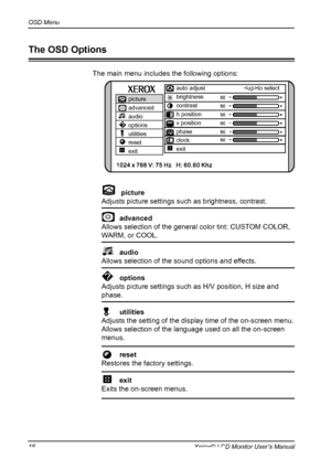 Page 19
OSD Menu
18Xerox© LCD Monitor User’s Manual

picture
advanced
audio
options
utilities
reset
exit
auto adjust to select
brightness
contrast
h position
v position
phase
clock
exit
The main menu includes the following options:
    picture  
 Adjusts picture settings such as brightness, contrast.
     advanced 
 Allows selection of the general color tint: CUSTOM COLOR, 
WARM, or COOL.
     audio
 Allows selection of the sound options and effects.
     options 
 Adjusts picture settings such as H/V position,...