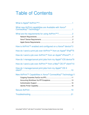 Page 3 
Using Apple® AirPrint™ with Xerox® ConnectKey® Technology Enabled Devices User Guide   i 
Table of Contents 
What is Apple® AirPrint™? ........................................................ 1 
What new AirPrint capabilities are Available with Xerox® 
ConnectKey® Technology? ....................................................... 1 
What are the requirements for using AirPrint™? ....................... 2 
Network Requirements...