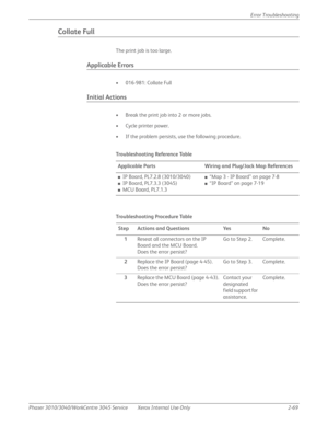 Page 123Phaser 3010/3040/WorkCentre 3045 Service Xerox Internal Use Only 2-69Error Troubleshooting
Collate Full
The print job is too large.
Applicable Errors
• 016-981: Collate Full
Initial Actions
• Break the print job into 2 or more jobs.
• Cycle printer power.
• If the problem persists, use the following procedure.
Tro u b l e s h o ot i n g  Re fe re n c e Ta b l e
Applicable Parts Wiring and Plug/Jack Map References
■IP Board, PL7.2.8 (3010/3040)
■IP Board, PL7.3.3 (3045)
■MCU Board, PL7.1.3
■“Map 3 - IP...