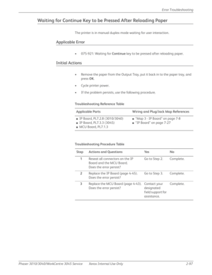 Page 151Phaser 3010/3040/WorkCentre 3045 Service Xerox Internal Use Only 2-97Error Troubleshooting
Waiting for Continue Key to be Pressed After Reloading Paper
The printer is in manual duplex mode waiting for user interaction.
Applicable Error
• 075-921: Waiting for Continue key to be pressed after reloading paper.
Initial Actions
• Remove the paper from the Output Tray, put it back in to the paper tray, and 
press OK.
• Cycle printer power.
• If the problem persists, use the following procedure.
Tro u b l e s h...