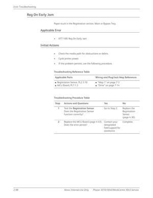 Page 1522-98 Xerox  Internal  Use  Only Phaser 3010/3040/WorkCentre 3045 Service  Error Troubleshooting
Reg On Early Jam
Paper stuck in the Registration section, Main or Bypass Tray.
Applicable Error
• 077-100: Reg On Early Jam
Initial Actions
• Check the media path for obstructions or debris.
• Cycle printer power.
• If the problem persists, use the following procedure.
Tro u b l e s h o ot i n g  Re fe re n c e Ta b l e
Applicable Parts Wiring and Plug/Jack Map References
■Registration Sensor, PL2.3.10
■MCU...