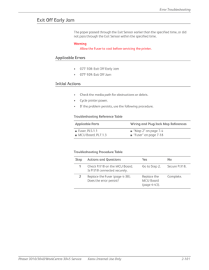 Page 155Phaser 3010/3040/WorkCentre 3045 Service Xerox Internal Use Only 2-101Error Troubleshooting
Exit Off Early Jam
The paper passed through the Exit Sensor earlier than the specified time, or did 
not pass through the Exit Sensor within the specified time.
Wa rn i n g
Allow the Fuser to cool before servicing the printer.
Applicable Errors
• 077-108: Exit Off Early Jam
• 077-109: Exit Off Jam
Initial Actions
• Check the media path for obstructions or debris.
• Cycle printer power.
• If the problem persists,...