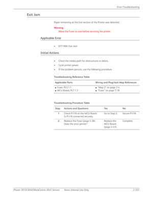 Page 157Phaser 3010/3040/WorkCentre 3045 Service Xerox Internal Use Only 2-103Error Troubleshooting
Exit Jam
Paper remaining at the Exit section of the Printer was detected.
Wa rn i n g
Allow the Fuser to cool before servicing the printer.
Applicable Error
• 077-900: Exit Jam
Initial Actions
• Check the media path for obstructions or debris.
• Cycle printer power.
• If the problem persists, use the following procedure.
Tro u b l e s h o ot i n g  Re fe re n c e Ta b l e
Applicable Parts Wiring and Plug/Jack Map...