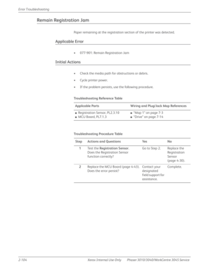 Page 1582-104 Xerox  Internal  Use  Only Phaser 3010/3040/WorkCentre 3045 Service  Error Troubleshooting
Remain Registration Jam
Paper remaining at the registration section of the printer was detected.
Applicable Error
• 077-901: Remain Registration Jam
Initial Actions
• Check the media path for obstructions or debris.
• Cycle printer power.
• If the problem persists, use the following procedure.
Tro u b l e s h o ot i n g  Re fe re n c e Ta b l e
Applicable Parts Wiring and Plug/Jack Map References...