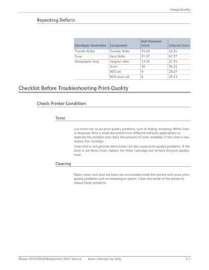 Page 177Phaser 3010/3040/WorkCentre 3045 Service Xerox Internal Use Only 3-3Image Quality
Repeating Defects
Checklist Before Troubleshooting Print-Quality
Check Printer Condition
To n e r
Low toner can cause print-quality problems, such as fading, streaking, White lines, 
or dropouts. Print a small document from different software applications to 
replicate the problem and check the amount of toner available. If the toner is low, 
replace the cartridge.
Toner that is not genuine Xerox toner can also cause...