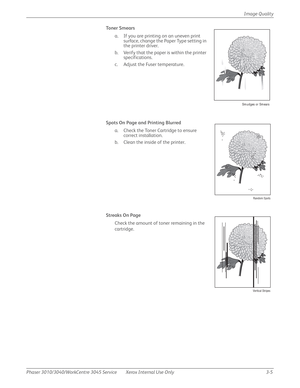 Page 179Phaser 3010/3040/WorkCentre 3045 Service Xerox Internal Use Only 3-5Image Quality
Toner Smears
a. If you are printing on an uneven print 
surface, change the Paper Type setting in 
the printer driver.
b. Verify that the paper is within the printer 
specifications.
c. Adjust the Fuser temperature.
Spots On Page and Printing Blurred
a. Check the Toner Cartridge to ensure 
correct installation.
b. Clean the inside of the printer.
Streaks On Page
Check the amount of toner remaining in the 
cartridge.
Smudges...