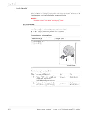 Page 1863-12 Xerox  Internal  Use  Only Phaser 3010/3040/WorkCentre 3045 Service  Image Quality
To n e r  S m e a r s
There are faded or completely non-printed lines along the page in the direction of 
the paper travel from the leading edge to the trailing edge.
Wa rn i n g
Allow the Fuser to cool before servicing the printer.
Initial Actions
• Check that the media settings match the media in use.
• Check that the media is dry and in good condition.
Tro u b l e s h o ot i n g  Re fe re n c e Ta b l e
Applicable...
