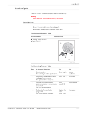 Page 187Phaser 3010/3040/WorkCentre 3045 Service Xerox Internal Use Only 3-13Image Quality
Random Spots
There are spots of toner randomly scattered across the page.
Wa rn i n g
Allow the Fuser to cool before servicing the printer.
Initial Actions
• Ensure there is no debris on the media path.
• Print several blank pages to clean the media path.
Tro u b l e s h o ot i n g  Re fe re n c e Ta b l e
Applicable Parts Example Print
■Transfer Roller, PL1.1.11
■Fuser, PL5.1.1
Troubleshooting Procedure Table
Step Actions...