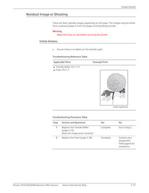 Page 191Phaser 3010/3040/WorkCentre 3045 Service Xerox Internal Use Only 3-17Image Quality
Residual Image or Ghosting
There are faint, ghostly images appearing on the page. The images may be either 
from a previous page or from the page currently being printed.
Wa rn i n g
Allow the Fuser to cool before servicing the printer.
Initial Actions
• Ensure there is no debris on the transfer path.
Tro u b l e s h o ot i n g  Re fe re n c e Ta b l e
Applicable Parts Example Print
■Transfer Roller, PL1.1.11
■Fuser,...