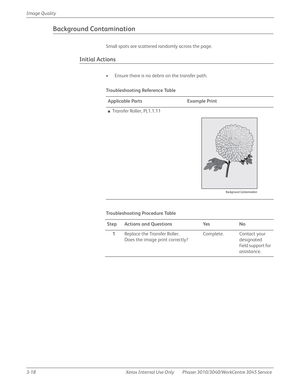 Page 1923-18 Xerox  Internal  Use  Only Phaser 3010/3040/WorkCentre 3045 Service  Image Quality
Background Contamination
Small spots are scattered randomly across the page.
Initial Actions
• Ensure there is no debris on the transfer path.
Tro u b l e s h o ot i n g  Re fe re n c e Ta b l e
Applicable Parts Example Print
■Transfer Roller, PL1.1.11
Troubleshooting Procedure Table
Step Actions and Questions Yes No
1Replace the Transfer Roller.
Does the image print correctly?Complete. Contact your 
designated 
field...