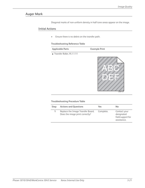 Page 195Phaser 3010/3040/WorkCentre 3045 Service Xerox Internal Use Only 3-21Image Quality
Auger Mark
Diagonal marks of non-uniform density in half tone areas appear on the image.
Initial Actions
• Ensure there is no debris on the transfer path.
Tro u b l e s h o ot i n g  Re fe re n c e Ta b l e
Applicable Parts Example Print
■Transfer Roller, PL1.1.11
Troubleshooting Procedure Table
Step Actions and Questions Yes No
1Replace the Image Transfer Board.
Does the image print correctly?Complete. Contact your...