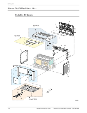 Page 3325-4 Xerox  Internal  Use  Only Phaser 3010/3040/WorkCentre 3045 Service  Parts Lists
Phaser 3010/3040 Parts Lists
Parts List 1.0 Covers
s3040-001
Front
S
S
S
SSS
S
1 (with 2,3)
2
34 (with 5-7)
5
6
78
9
10
11
12
13
14 (with 15-18)15
16 171819 20 (with 21,22)
21
2223 