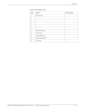 Page 335Phaser 3010/3040/WorkCentre 3045 Service Xerox Internal Use Only 5-7Parts Lists
Parts List 2.1 Feeder (1/3)
Item Name Part Number
1Plate Lower
2-
3-
4-
5-
6-
7Rack Side Guide
8Gear Pinion
9 Guide Side MSI L
10 Guide Side MSI R
11 Foot Assy 