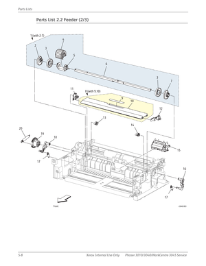 Page 3365-8 Xerox  Internal  Use  Only Phaser 3010/3040/WorkCentre 3045 Service  Parts Lists
Parts List 2.2 Feeder (2/3)
s3040-003Front
1 (with 2-7)
8 (with 9,10) 2
3
3 4
5
6
7
9
10 11
12
13
14
15
16
17 1718 19 20 