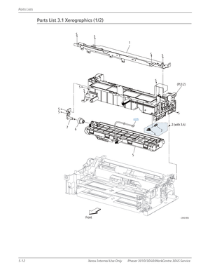 Page 3405-12 Xerox  Internal  Use  Only Phaser 3010/3040/WorkCentre 3045 Service  Parts Lists
Parts List 3.1 Xerographics (1/2)
s3040-006Front
S
S
S
S
S
S
(J22)
S
S
S
S
2 (with 3,4) 1
3
4
5 6 7(PL3.2) 