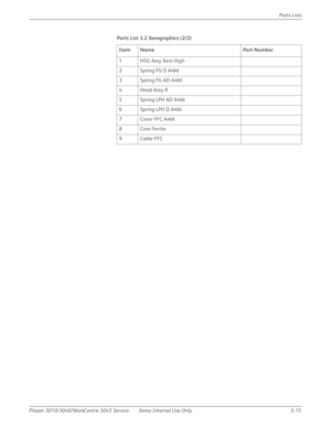 Page 343Phaser 3010/3040/WorkCentre 3045 Service Xerox Internal Use Only 5-15Parts Lists
Parts List 3.2 Xerographics (2/2)
Item Name Part Number
1HSG Assy Xero High
2Spring FG D A4M
3 Spring FG AD A4M
4Head Assy R
5Spring LPH AD A4M
6Spring LPH D A4M
7 Cover FFC A4M
8Core Ferrite
9 Cable FFC 