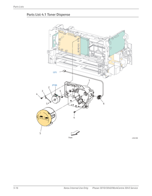 Page 3445-16 Xerox  Internal  Use  Only Phaser 3010/3040/WorkCentre 3045 Service  Parts Lists
Parts List 4.1 Toner Dispense
s3040-008Front
S
(P150)(J21)21
6 3
44
4
5 