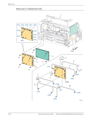 Page 3505-22 Xerox  Internal  Use  Only Phaser 3010/3040/WorkCentre 3045 Service  Parts Lists
Parts List 7.1 Electrical (1/2)
s3040-011
Front
(J150) (J14)
(J202)(J209)
(J205)
(J203) (J15)
(J20)
(J250) (J25)
(P14)
(P10)
(P13)(P15) (P16) (P17) (P25)
(P18)
(P20)
(P21)
(P22)
(P23)
21
3
11 1111
1111
11
11 11
3 (REF) 4 7
10 85
6
9 