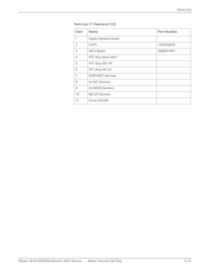 Page 351Phaser 3010/3040/WorkCentre 3045 Service Xerox Internal Use Only 5-23Parts Lists
Parts List 7.1 Electrical (1/2)
Item Name Part Number
1 Upper Harness Guide 
2 HVPS 105K30870
3 MCU Board 960K61093
4 FFC Assy Main MOT
5 FFC Assy MC-HV
6 FFC Assy MC-ES
7DISP MOT Harness
8LV-MC Harness 
9LV-MCES Harness 
10 MC-LP Harness
11 Screw M3x6B 