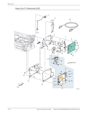 Page 3525-24 Xerox  Internal  Use  Only Phaser 3010/3040/WorkCentre 3045 Service  Parts Lists
Parts List 7.1 Electrical (2/2)
s3040-012
Front
(J204)
(SJ8)
(J250)(SJ13)
(J1)
(P200) (J200)
(P201)
(P202) (P203)
(P204)
SSS S
S
2
16 1
34
5
67
8
9 (with 10,11) 10
11
12 1314
15151515
1515
15
15
15
15
15
15 