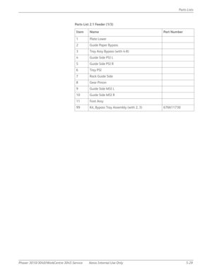 Page 357Phaser 3010/3040/WorkCentre 3045 Service Xerox Internal Use Only 5-29Parts Lists
Parts List 2.1 Feeder (1/3)
Item Name Part Number
1Plate Lower
2Guide Paper Bypass
3 Tray Assy Bypass (with 4-8)
4 Guide Side PSI L
5 Guide Side PSI R
6Tray PSI 
7Rack Guide Side
8Gear Pinion
9 Guide Side MSI L
10 Guide Side MSI R
11 Foot Assy
99 Kit, Bypass Tray Assembly (with 2, 3) 676K11730 