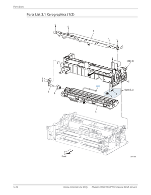 Page 3625-34 Xerox  Internal  Use  Only Phaser 3010/3040/WorkCentre 3045 Service  Parts Lists
Parts List 3.1 Xerographics (1/2)
s3040-006Front
S
S
S
S
S
S
(J22)
S
S
S
S
2 (with 3,4) 1
3
4
5 6 7(PL3.2) 