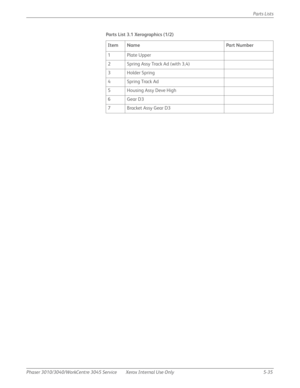Page 363Phaser 3010/3040/WorkCentre 3045 Service Xerox Internal Use Only 5-35Parts Lists
Parts List 3.1 Xerographics (1/2)
Item Name Part Number
1Plate Upper
2 Spring Assy Track Ad (with 3,4)
3 Holder Spring
4Spring Track Ad
5 Housing Assy Deve High 
6Gear D3
7Bracket Assy Gear D3 