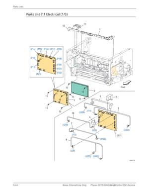 Page 3725-44 Xerox  Internal  Use  Only Phaser 3010/3040/WorkCentre 3045 Service  Parts Lists
Parts List 7.1 Electrical (1/3)
s3040-125
Front
(J150) (J14)
(J202) (J209)
(J205) (J203) (J15)
(J20)
(J250)
(J25)
(P14)
(P10)
(P13)(P15) (P16) (P17) (P25)
(P18)
(P20)
(P21)
(P22)
(P23)
1 1211
2
3
13 13
1313
13 1313
13
3 (REF) 4
710
85 6
9 