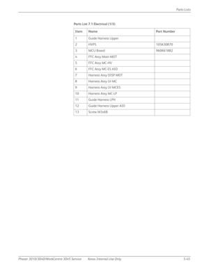 Page 373Phaser 3010/3040/WorkCentre 3045 Service Xerox Internal Use Only 5-45Parts Lists
Parts List 7.1 Electrical (1/3)
Item Name Part Number
1 Guide Harness Upper
2 HVPS 105K30870
3 MCU Board 960K61882
4 FFC Assy Main MOT
5 FFC Assy MC-HV
6 FFC Assy MC-ES AIO
7Harness Assy DISP MOT
8Harness Assy LV-MC
9Harness Assy LV-MCES
10 Harness Assy MC-LP
11 Guide Harness LPH
12 Guide Harness Upper AIO
13 Screw M3x6B 