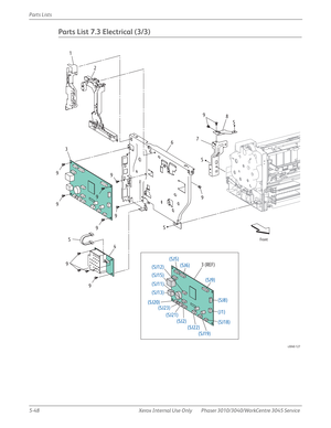 Page 3765-48 Xerox  Internal  Use  Only Phaser 3010/3040/WorkCentre 3045 Service  Parts Lists
Parts List 7.3 Electrical (3/3)
s3040-127
Front
SSS
(SJ5)
(SJ6)
(SJ9)
(SJ8)
(SJ18)
(SJ19) (SJ22) (SJ2) (SJ21) (SJ23) (SJ20)(SJ12)
(SJ15)
(SJ11)
(SJ13)
(J1)
2 1
3
3 (REF) 4678 9
9 9
9
9
59 9
9
9 9 