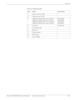 Page 377Phaser 3010/3040/WorkCentre 3045 Service Xerox Internal Use Only 5-49Parts Lists
Part List 7.3 Electrical (3/3)
Item Name Part Number
1 Guide Harness IIT SNR
2 Guide Harness IIT MOT
3 PWBA ESS 3045B US/EU (3in1 IP Board)
PWBA ESS 3045B Ru/In (3in1 IP Board)
PWBA ESS 3045NI US/EU (4in1 IP Board)
PWBA ESS 3045NI Ru/In (4in1 IP Board)676K10950
676K10960
676K10973
676K10983
4 Fax Board 101K62530
5Harness Assy FAX
6Plate ESS
7 Plate Stay Rear
8Plate Earth L
9Screw M3X6B 