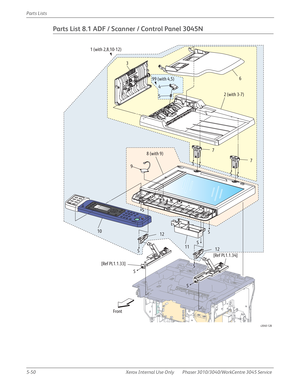 Page 3785-50 Xerox  Internal  Use  Only Phaser 3010/3040/WorkCentre 3045 Service  Parts Lists
Parts List 8.1 ADF / Scanner / Control Panel 3045N
Front
s3040-128
S
S
S
S
S
S
S S
S
S S 3
6
72 (with 3-7) 4
7 8 (with 9)5
9
10
11 12
12 1 (with 2,8,10-12)
[Ref PL1.1.33][Ref PL1.1.34] 99 (with 4,5) 