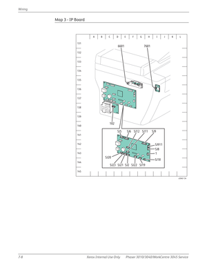 Page 3987-8 Xerox Internal Use Only Phaser 3010/3040/WorkCentre 3045 Service Wiring
Map 3 - IP Board
A
132
133
134
135
136
137
138
139
140
141
142
143
144
145 131BCDE FGH I J K L
s3040-134
7601 6601
102
SJ5 SJ6 SJ9
SJ8
SJ18
SJ19 SJ22 SJ2 SJ21 SJ23 SJ20SJ12 SJ11
1
SJ911 