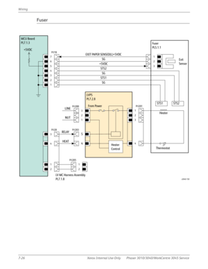 Page 4167-26 Xerox Internal Use Only Phaser 3010/3040/WorkCentre 3045 Service Wiring
Fuser
MCU Board
PL7.1.3
P/J18
7
6
5
4
3
2
1
Fuser
PL5.1.1
STS2
Exit
Sensor1
2
3
LVPS
PL7.2.8
SG
STS1
EXIT PAPER SENSED(L)+5VDC
P/J201
1
2
3
4
SG
STS1
STS2
Heater
Thermostat
P/J203
5
4Heater
Control
P/J200
3
1
4
RELAY
HEAT
LINE
NUT
SG
+5VDC
P/J20
3
+5VDC
LV MC Harness Assembly
PL7.1.8From Power
2
1
2
P/J205
1
2
s3040-150 