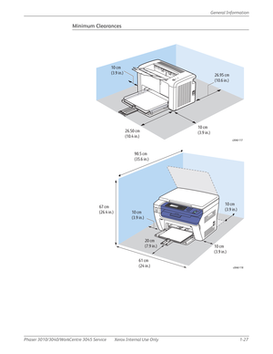 Page 49Phaser 3010/3040/WorkCentre 3045 Service Xerox Internal Use Only 1-27General Information
Minimum Clearances
10 cm
(3.9 in.)
26.50 cm
(10.4 in.)10 cm
(3.9 in.)26.95 cm
(10.6 in.)
s3040-117
10 cm
(3.9 in.)
10 cm
(3.9 in.)10 cm
(3.9 in.)
20 cm
(7.9 in.)
67 cm
(26.4 in.)90.5 cm
(35.6 in.)
61 cm
(24 in.)
s3040-118 