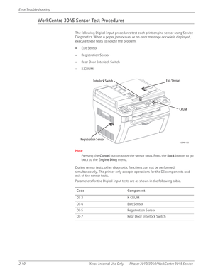 Page 942-40 Xerox  Internal  Use  Only Phaser 3010/3040/WorkCentre 3045 Service  Error Troubleshooting
WorkCentre 3045 Sensor Test Procedures
The following Digital Input procedures test each print engine sensor using Service 
Diagnostics. When a paper jam occurs, or an error message or code is displayed, 
execute these tests to isolate the problem.
•Exit Sensor
• Registration Sensor
• Rear Door Interlock Switch
•K CRUM
Note
Pressing the Cancel button stops the sensor tests. Press the Back button to go 
back to...