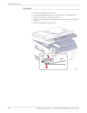 Page 962-42 Xerox  Internal  Use  Only Phaser 3010/3040/WorkCentre 3045 Service  Error Troubleshooting
Exit Sensor
1. Enter Service Diagnostics (page 2-24).
2. Use the Up and Down Arrow buttons to select Printer > IOT Diag > DI-4.
3. Operate the actuator to check sensor function.
4. Confirm the number shown on the display increases every time the actuator is 
operated.
5. Press the Stop button to stop the test.
Paper Actuator Exit Sensor
s3040-157 