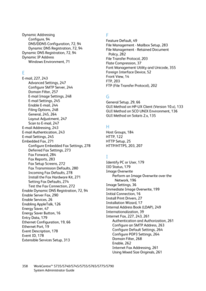 Page 358WorkCentre™ 5735/5740/5745/5755/5765/5775/5790
System Administrator Guide 358
Dynamic Addressing
Configure, 94
DNS/DDNS Configuration, 72, 94
Dynamic DNS Registration, 72, 94
Dynamic DNS Registration, 72, 94
Dynamic IP Address
Windows Environment, 71
E
E-mail, 227, 243
Advanced Settings, 247
Configure SMTP Server, 244
Domain Filter, 257
E-mail Image Settings, 248
E-mail Settings, 245
Enable E-mail, 244
Filing Options, 248
General, 245, 264
Layout Adjustment, 247
Scan to E-mail, 247
E-mail Addressing,...