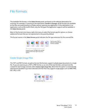 Page 71Xerox® DocuMate® 3115
User’s Guide71
File Formats
The available file formats, in the Select format panel, are based on the selected destination for 
scanning. For example, if scanning to the destination 
Transfer to Storage, all file formats are available 
as the files are saved directly to a folder without opening any application. If the destination is an 
application, such as Microsoft’s Paint, only the file types the application supports will be available in 
the 
Select format panel. 
Most of the...