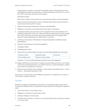 Page 50Appendix A: Regulatory Information Xerox® DocuMate® 3125 Scanner
User Guide41
Postage Stamps, canceled or uncanceled. (For philatelic purposes, Postage Stamps may be 
photographed, provided the reproduction is in black and white and is less than 75% or more 
than 150% of the linear dimensions of the original.)
Postal Money Orders.
Bills, Checks, or Drafts of money drawn by or upon authorized officers of the United States.
Stamps and other representatives of value, of whatever denomination, which have...