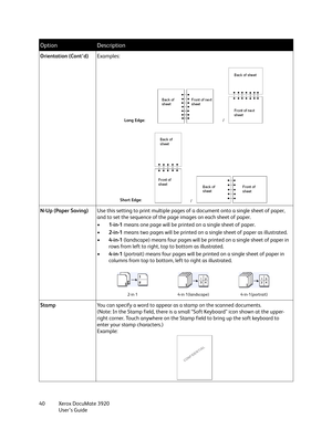 Page 40Xerox DocuMate 3920
User’s Guide 40Orientation (Cont’d)Examples:
N-Up (Paper Saving)Use this setting to print multiple pages of a document onto a single sheet of paper, 
and to set the sequence of the page images on each sheet of paper.
•1-in-1 means one page will be printed on a single sheet of paper.
•2-in-1 means two pages will be printed on a single sheet of paper as illustrated.
•4-in-1 (landscape) means four pages will be printed on a single sheet of paper in 
rows from left to right, top to bottom...