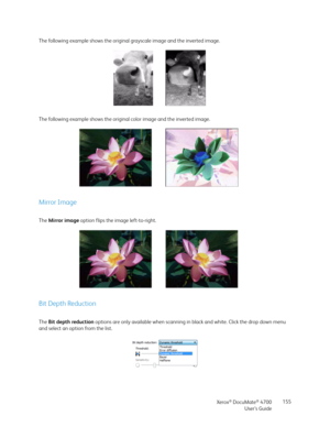 Page 155Xerox® DocuMate® 4700
User’s Guide155 The following example shows the original grayscale image and the inverted image.
The following example shows the original color image and the inverted image. 
Mirror Image
The Mirror image option flips the image left-to-right.
Bit Depth Reduction
The Bit depth reduction options are only available when scanning in black and white. Click the drop down menu 
and select an option from the list. 