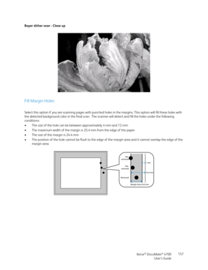 Page 157Xerox® DocuMate® 4700
User’s Guide157 Bayer dither scan - Close up
Fill Margin Holes
Select this option if you are scanning pages with punched holes in the margins. This option will fill these holes with 
the detected background color in the final scan.  The scanner will detect and fill the holes under the following 
conditions:
• The size of the hole can be between approximately 4 mm and 12 mm
• The maximum width of the margin is 25.4 mm from the edge of the paper
• The size of the margin is 24.4 mm
•...