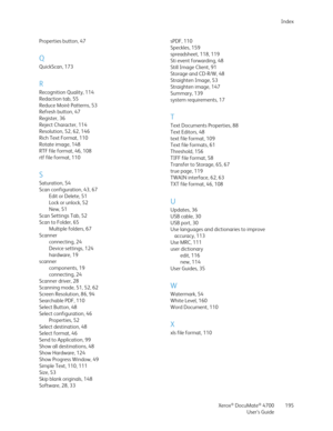 Page 195Index
Xerox
® DocuMate® 4700
User’s Guide195 Properties button, 47
Q
QuickScan, 173
R
Recognition Quality, 114
Redaction tab, 55
Reduce Moiré Patterns, 53
Refresh button, 47
Register, 36
Reject Character, 114
Resolution, 52, 62, 146
Rich Text Format, 110
Rotate image, 148
RTF file format, 46, 108
rtf file format, 110
S
Saturation, 54
Scan configuration, 43, 67
Edit or Delete, 51
Lock or unlock, 52
New, 51
Scan Settings Tab, 52
Scan to Folder, 65
Multiple folders, 67
Scanner
connecting, 24
Device...