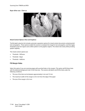 Page 154Scanning from TWAIN and WIA
Xerox
® DocuMate® 4799
User’s Guide 7-146 Bayer dither scan - Close up
Mixed Content Options (Text and Graphics)
The Bit depth reduction list includes automatic separation options for mixed content documents containing both 
text and graphics.  These options enable the scanner to evaluate the image for text and graphics, and then apply 
threshold to the text regions and a dither pattern to the graphics regions. This retains text clarity while providing 
graphic legibility....