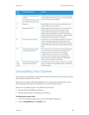 Page 50Maintenance Xerox® DocuMate® 6440
User Guide45
Uninstalling Your Scanner
Use the options in the Windows Control Panel to remove the scanner driver and modules, and any 
other software provided with the scanner.
Please leave the scanner’s USB cable plugged into the computer while uninstalling the scanner 
driver. Unplug the USB cable when directed to do so in the instructions below.
Open the list of installed programs in the Windows Control panel.
• Windows XP: Open Add/Remove Programs
• Windows Vista and...
