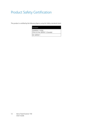 Page 12Xerox Travel Scanner 150
User’s Guide 12
Product Safety Certification
This product is certified by the following Agency using the Safety standards listed:
Standard
UL60950-1 (USA)
CSA 22.2 No. 60950-1 (Canada)
IEC 60950-1 