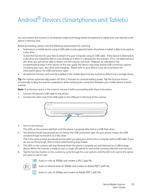 Page 25Xerox Mobile Scanner
User’s Guide25
Android® Devices (Smartphones and Tablets)
You can connect the scanner to an Android mobile technology based Smartphone or tablet and scan directly to the 
device's memory card.
Before proceeding, please note the following requirements for scanning:
• Scanning to a mobile device using a USB cable is only supported when the phone or tablet is able to be used as 
a disc drive. 
To test this function for your device, attach it to your computer using its USB cable.  If...